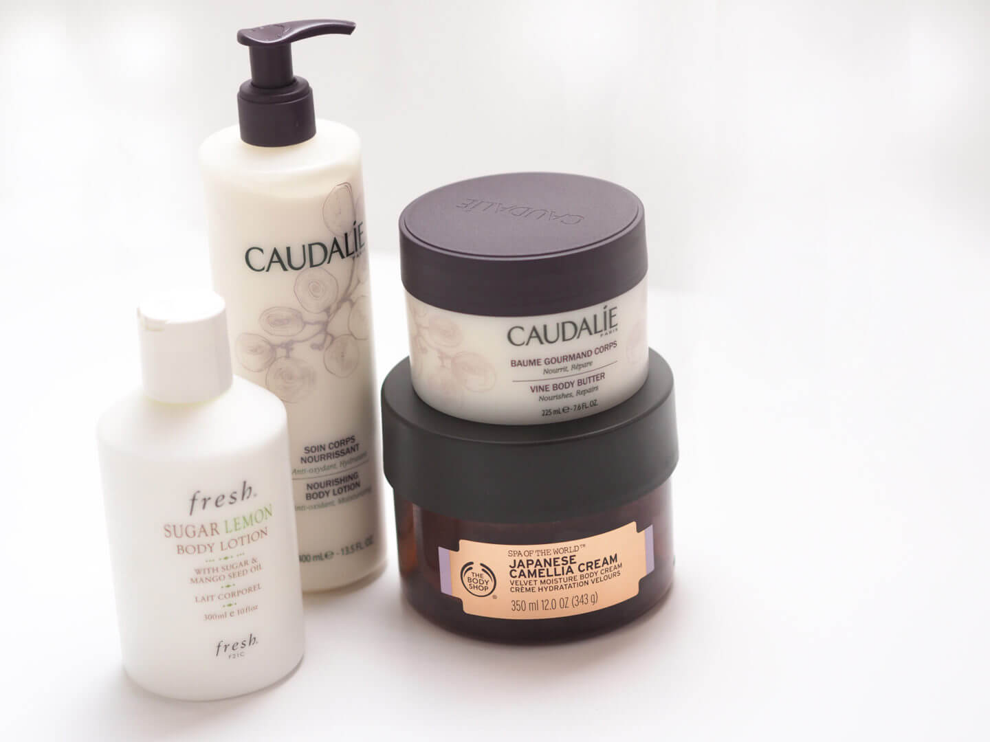 Caudalie Vine Body Butter, Caudalie Body Lotion, Fresh Sugar Lemon Body Lotion, The Body Shop Japanese Camellia Cream