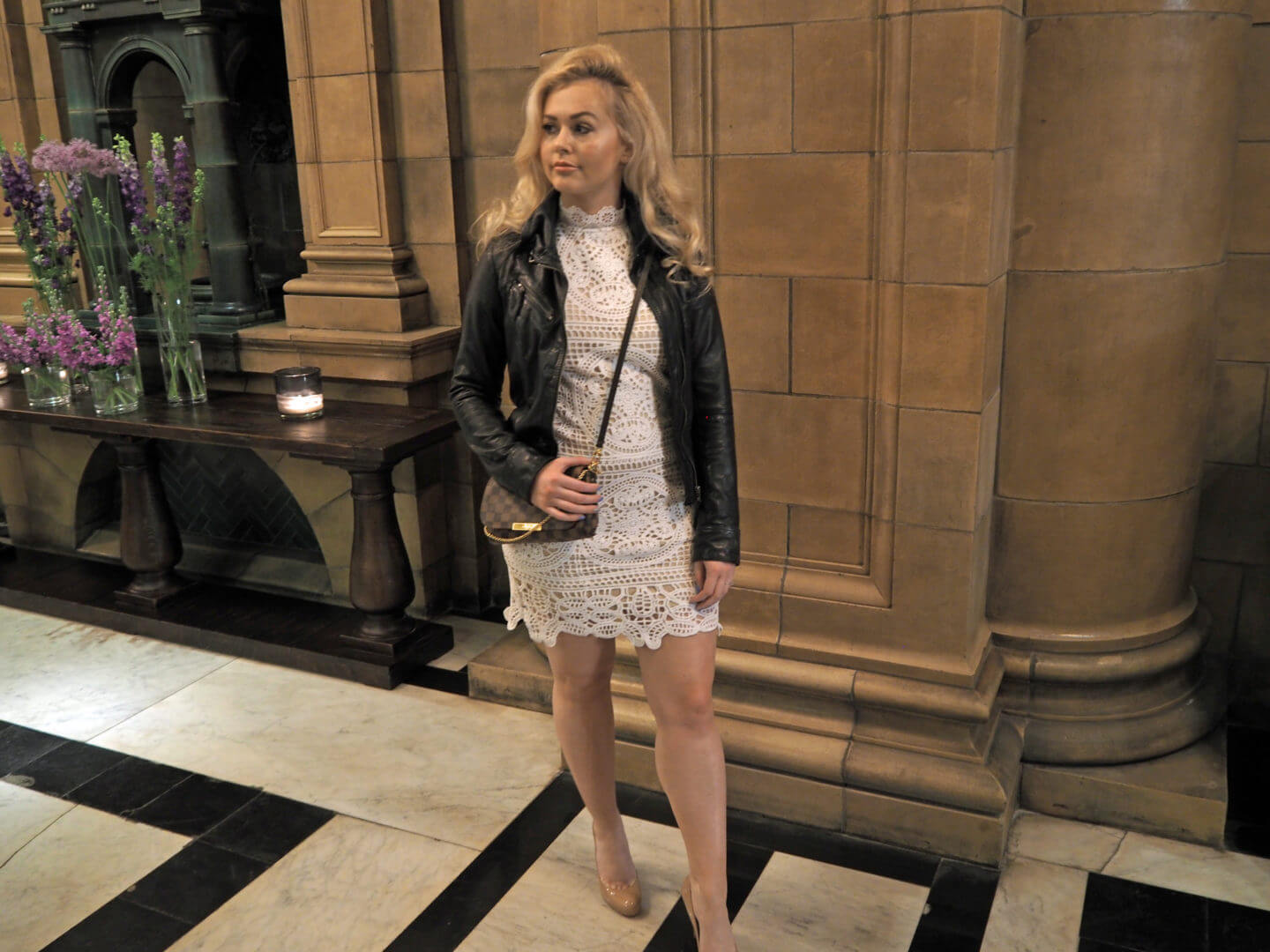 Boohoo Dress, All Saints Leather Jacket, Louis Vuitton Bag, Christian Louboutin Shoes