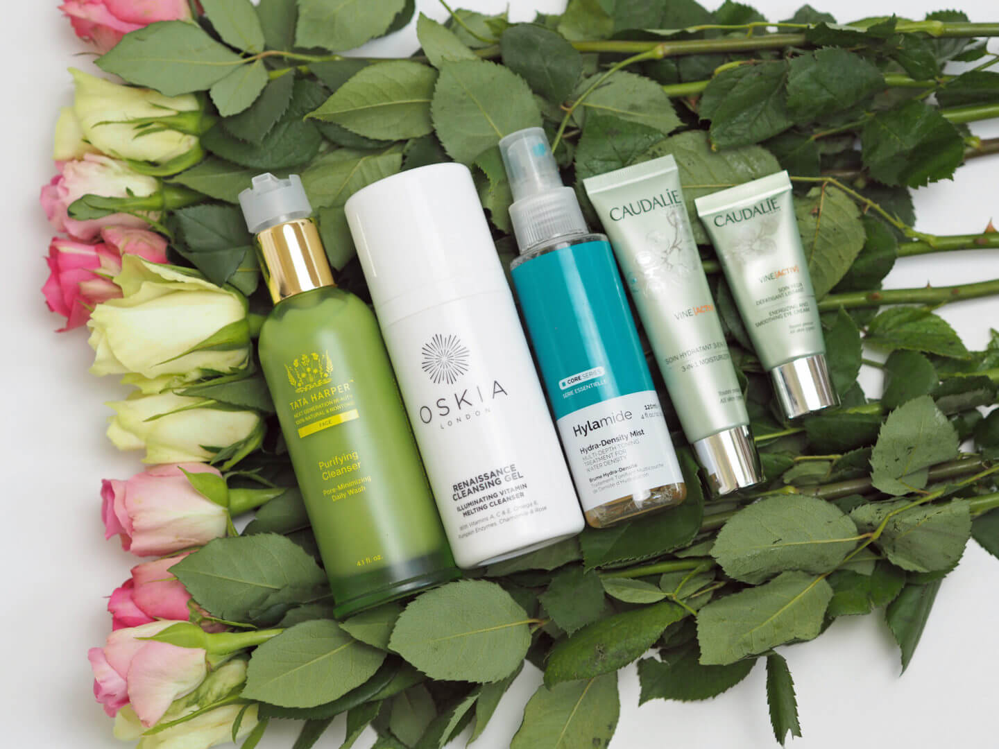 Summer AM Skincare Routine Oskia Renaissance Gel, Tata Harper Purifying Cleanser, Caudalie Vine, Hylamide mist 