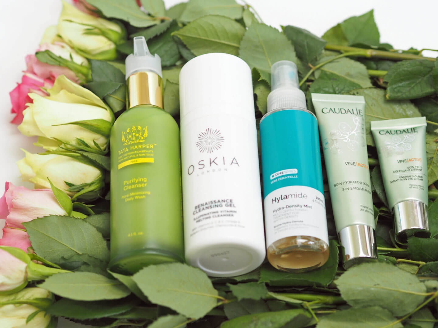Summer AM Skincare Routine Oskia Renaissance Gel, Tata Harper Purifying Cleanser, Caudalie Vine, Hylamide mist
